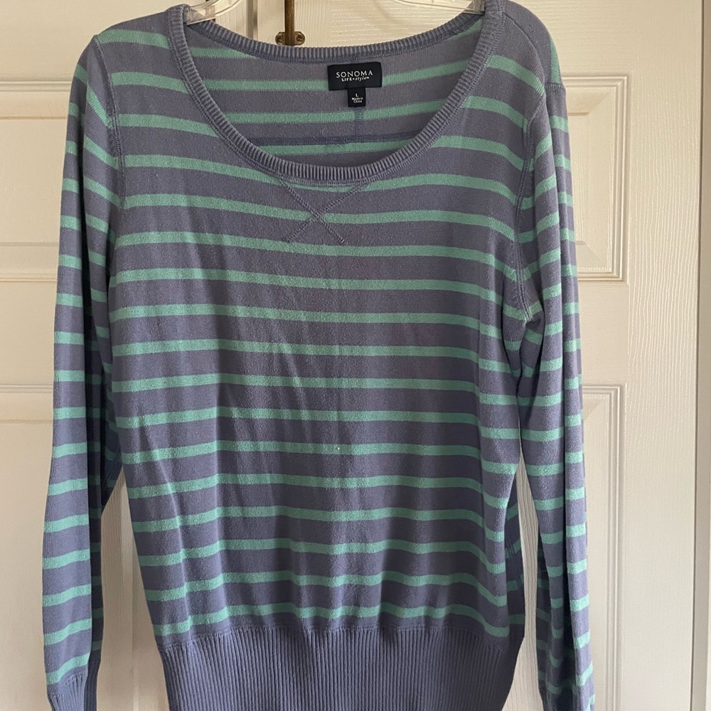 Sonoma Women's Blue and Green Striped Sweater